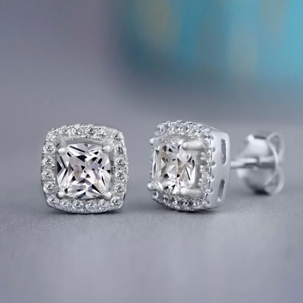 New silver earrings, cubic square zirconia.